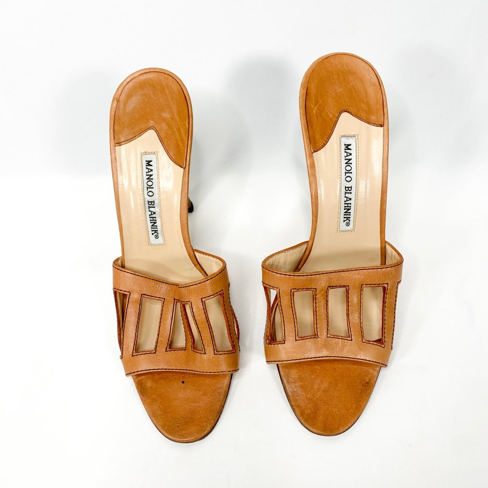 MANOLO BLAHNIK Brown Leather Cut Out Sandal Heels - Picture 4 of 7